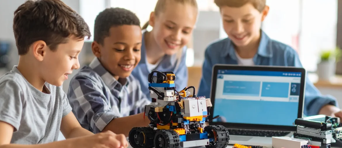 Children engaged in STEM learning with LEGO robotics and coding, showcasing hands-on educational activities that develop engineering and problem-solving skills