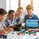 Children engaged in STEM learning with LEGO robotics and coding, showcasing hands-on educational activities that develop engineering and problem-solving skills