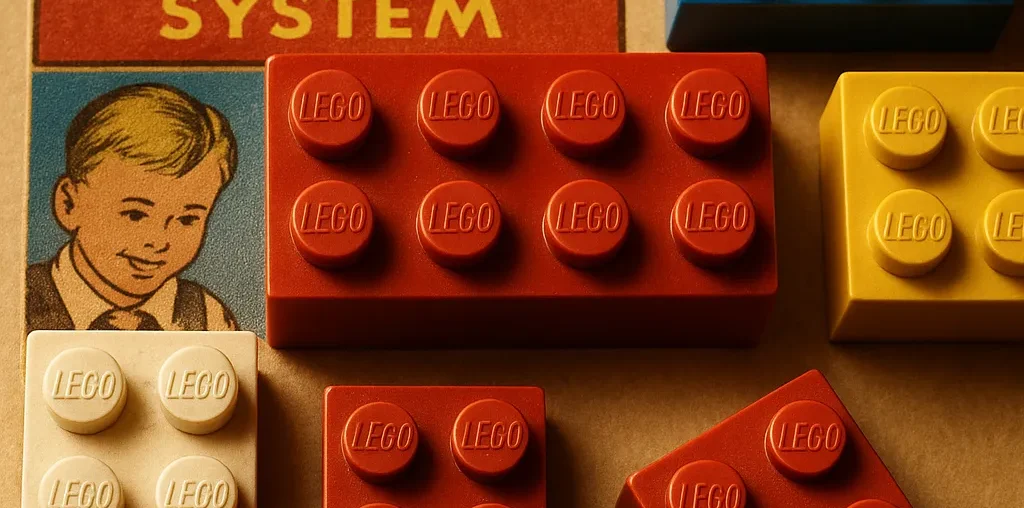 Vintage LEGO bricks and original LEGO System packaging highlighting the early history of LEGO bricks, showcasing the evolution and educational value of classic LEGO design
